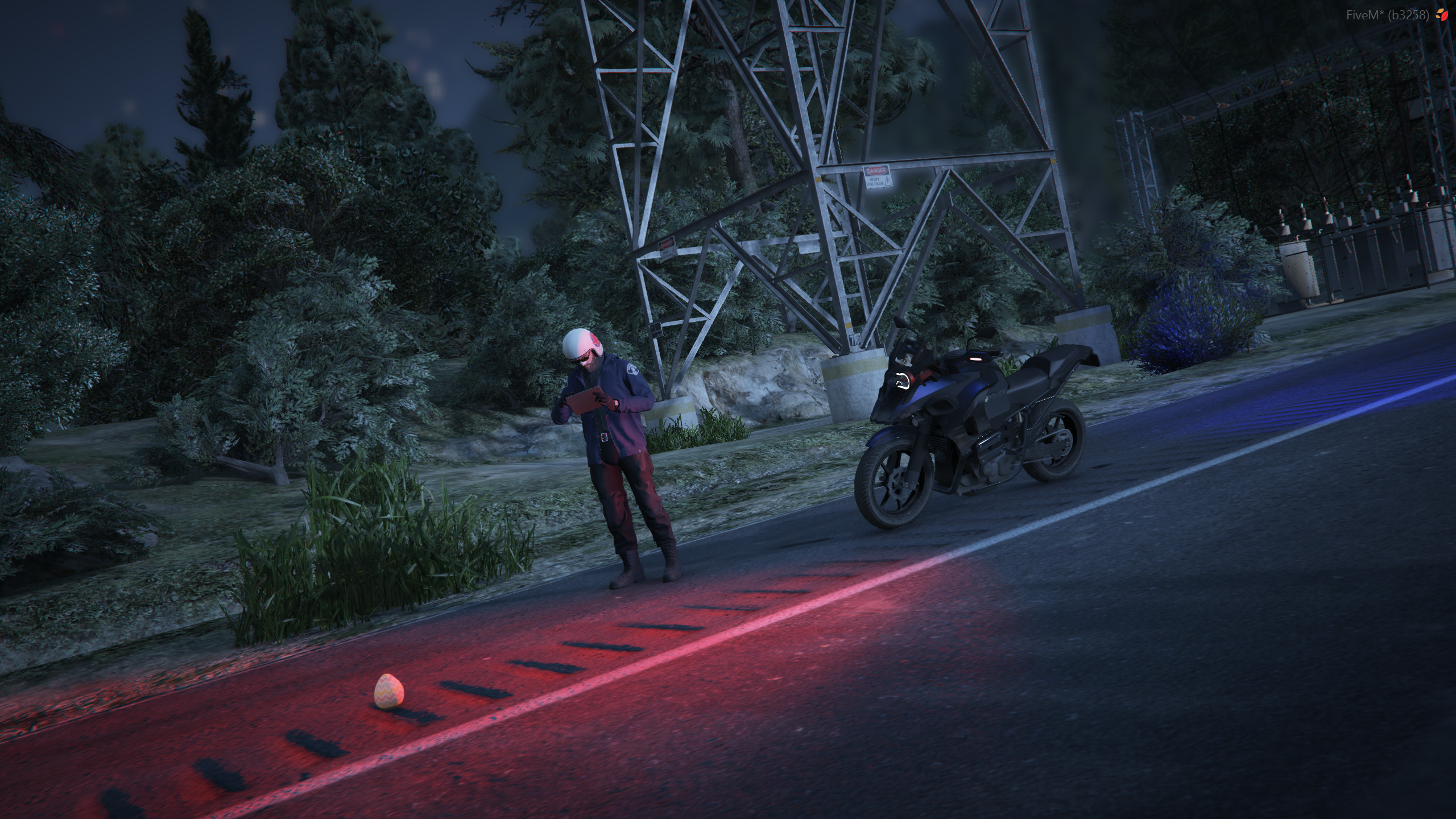 Motorcycle rider on a dark road during a tense scene on Dreamland RP